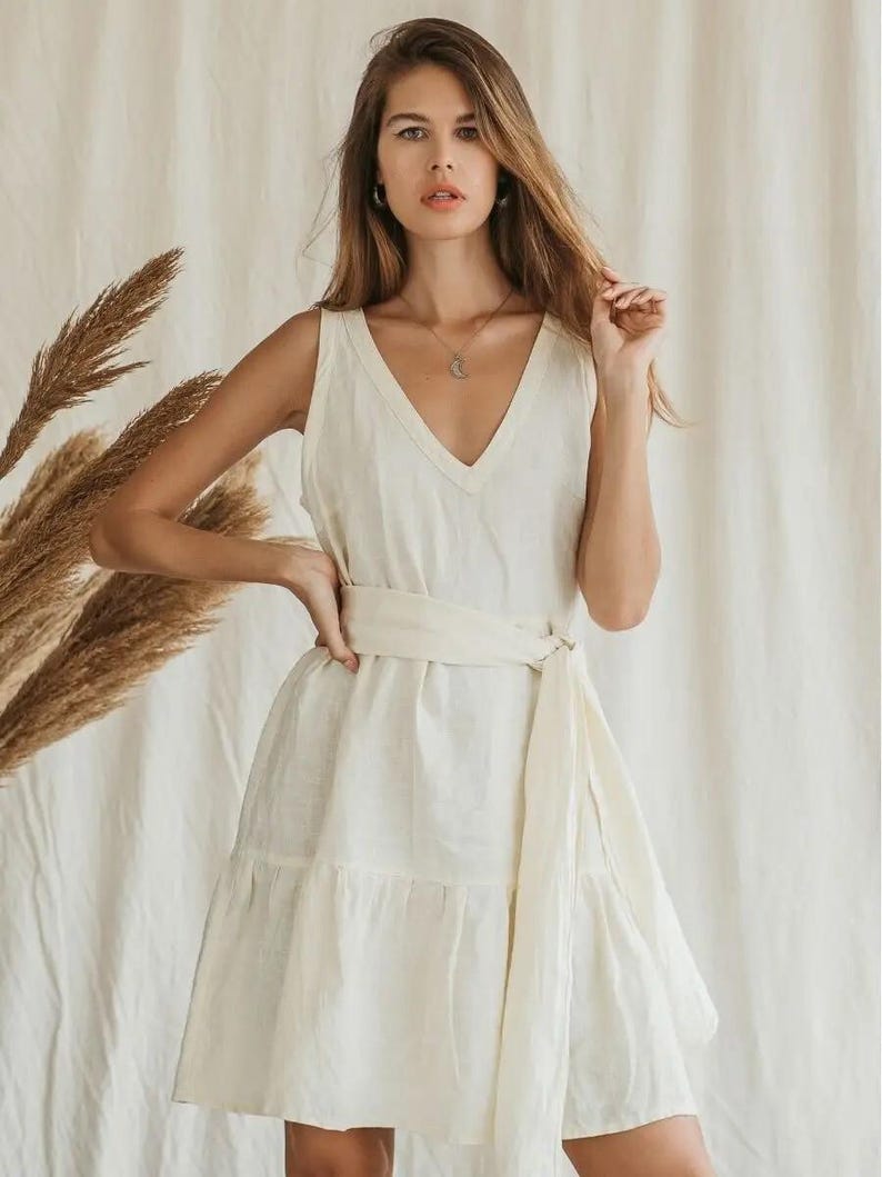 Elegant Linen V Neck Dress with Belt, Sleeveless Tiered Dress, Casual DreamMirth Elegant Linen V Neck Dress with Belt, Sleeveless Tiered Dress, Casual DreamMirth
