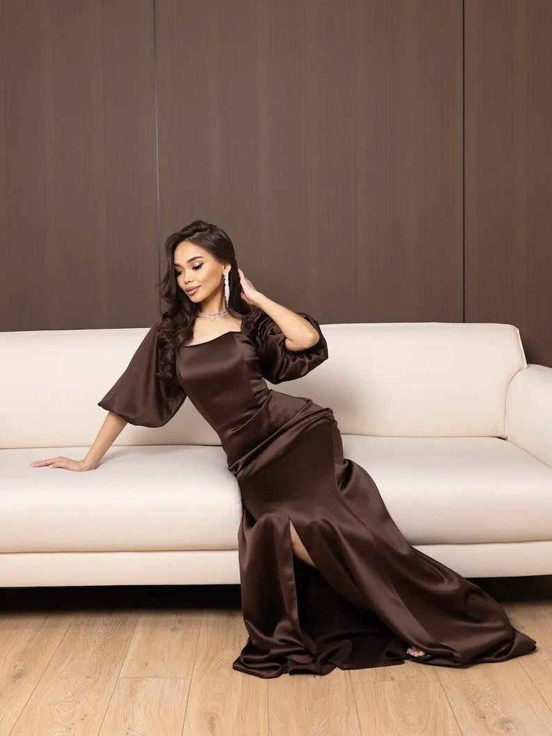Elegant Chocolate Satin Square Neck Puff Sleeve Gown, Long Fitted Merm – DreamMirth