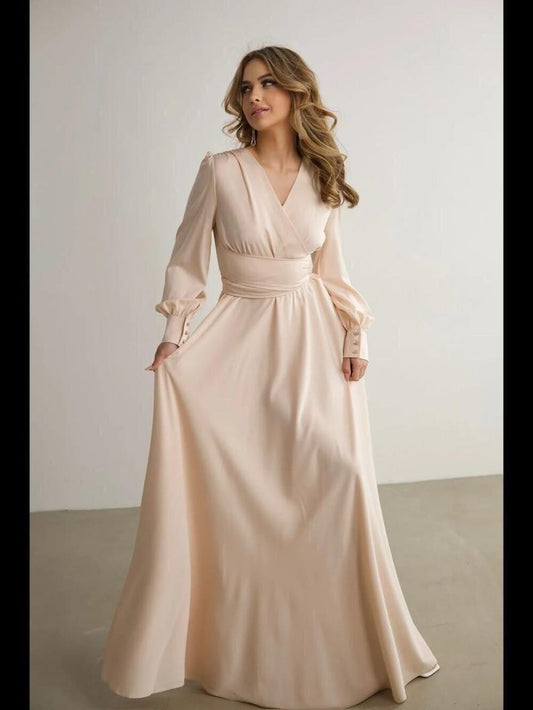Elegant Champagne Satin Maxi Dress, Long Sleeve Wrap Gown, Formal Evening Dress, Bridesmaid Dress, Wedding Guest Dress