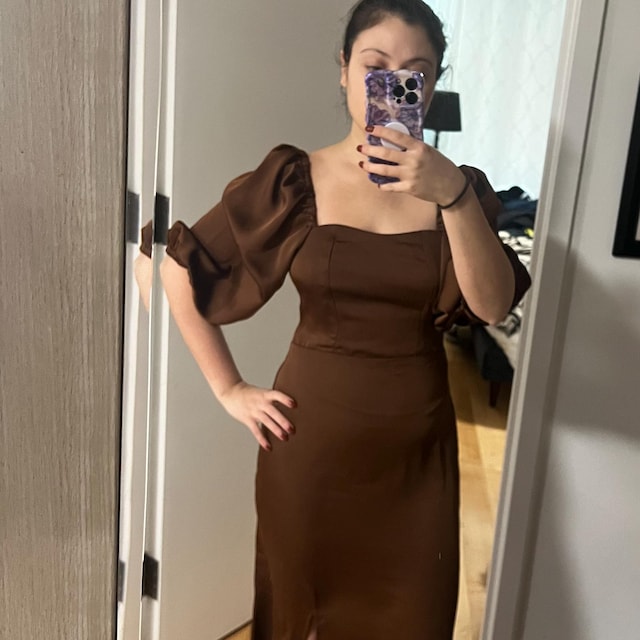 Elegant Chocolate Satin Square Neck Puff Sleeve Gown, Long Fitted Mermaid Dress, Formal Evening Dress, Wedding Guest Dress