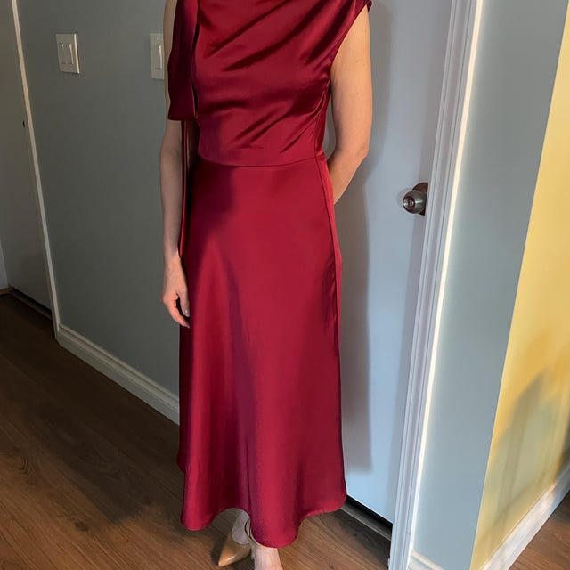 Elegant Midi Satin Dress with Bow Shoulder, Minimalist Bridal Reception Dress, Wedding Guest Outfit, Simple Modest Satin Gown