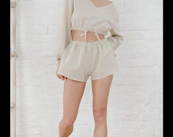 Linen Sleeveless V Neck 2 Piece Set, Minimalist Linen Loungewear, Comfortable Housewear Outfit, Casual Linen Pajamas Set