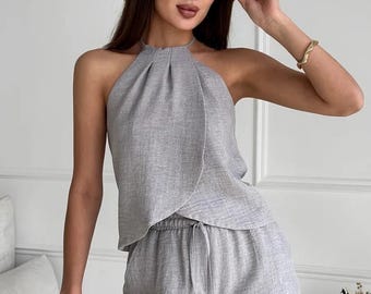 Linen Peplum Cami Top Women, Spaghetti Strap Square Neck Tank, Linen Loungewear, Comfortable Housewear Clothing