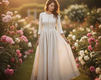 Linen Modest Dress, Swing Linen Maxi Dress, Long Sleeve Dress with Waist Belt, Retro Vintage Dress, Dress with Pockets