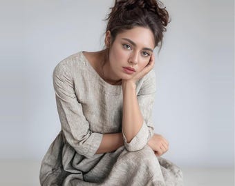 Linen Wrap Dress with Puff Sleeve, Deep V Slit Maxi Dress, Natural Linen Summer Wedding Guest Vacation Dress