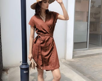 Elegant Linen V Neck Dress with Belt, Sleeveless Tiered Dress, Casual Summer Outfit, Boho Style