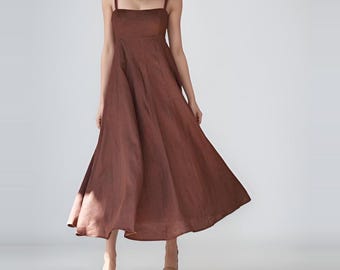 V Neck Linen Dress, Linen Midi Dress For Women, Minimalist Dress, Breathable Summer Outfit