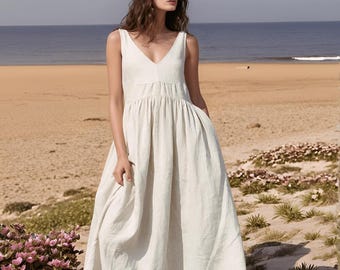 Linen V Neck Mini Dress, Short Sleeve Summer Sundress, Lightweight Casual Linen Clothing for Women