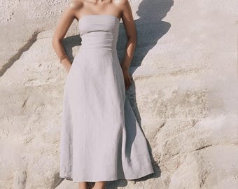 Open Back Sleeveless Linen Maxi Dress, Boat Neck Sundress, Natural Cotton Feel, Flowy and Elegant, Minimalist Linen Outfit