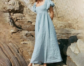 Linen Wrap Midi Dress, Short Sleeve V Neck, Minimalist Style