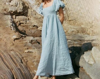 Elegant Linen Maxi Dress with Puff Sleeves and Drawstring Waist, Soft and Feminine Style