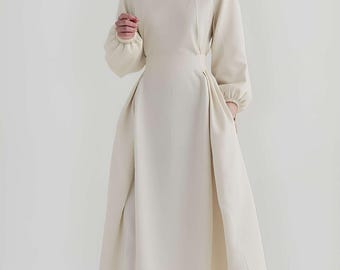 Classic Linen Dress with Long Sleeves, V neck and Pockets Dress, Perfect Maxi Dress for Everyday Wear