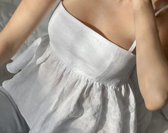 Linen Ruffle Hem Cami Top Women, Spaghetti Strap Longline Tank, Linen Loungewear, Comfortable Housewear Sleep Top