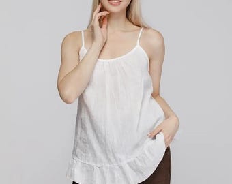 White Linen Cami Top, Adjustable Strap Tank Blouse, Minimalist Linen Loungewear, Casual Housewear Outfit