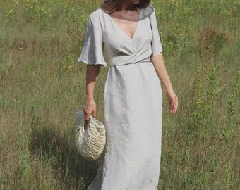 Linen V Neck Mini Dress, Short Sleeve Summer Sundress, Lightweight Casual Linen Clothing for Women