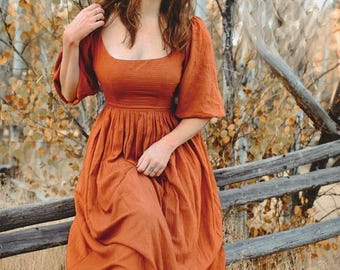 Linen Wrap Dress with Puff Sleeve, Deep V Slit Maxi Dress, Natural Linen Summer Wedding Guest Vacation Dress