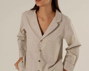 Linen Pajama Set with Long Sleeve Button Down Shirt and Wide Leg Pants, Minimalist Sleepwear Loungewear Outfit