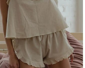 Linen Pajama Set with Long Sleeve Button Down Shirt and Wide Leg Pants, Minimalist Sleepwear Loungewear Outfit
