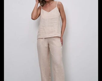 Linen Pajama Set with Long Sleeve Button Down Shirt and Wide Leg Pants, Minimalist Sleepwear Loungewear Outfit