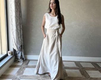 Khaki Linen Skirt, Maxi Skirt, Linen Wrap Skirt, Long Linen Skirt, Spring Skirt, High Waist Skirt, Long Linen Skirt