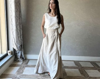 Wrap Linen Maxi Skirt with Pockets, Summer High Waist Skirt, Long Flowy Flax Skirt for Women
