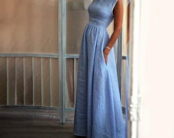 Boho Linen Open Back Maxi Dress With Bow Tie, Square Neck Linen Dress, Handmade Summer Wedding Dress, Elegant Linen Gown