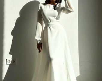 Elegant Wrap Silk Satin Gown with Long Puff Sleeves, High Slit Skirt, Chic Bridal or Bridesmaid Dress for Modern Ceremony Look