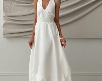 Linen Halter V Neck Bridal Dress, Minimal Midi Wedding Dress, Simple Modern Bride Outfit for Civil Ceremony & Reception
