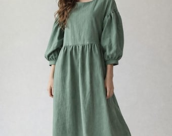 Linen Button Front Midi Dress, Puff Sleeve Summer Dress, Casual Linen Midi Dress, Tiered Hem Button Down Dress, Boho Linen Vacation Outfit