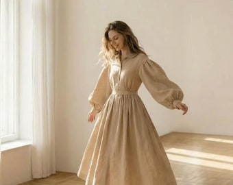 Linen Button Front Midi Dress, Puff Sleeve Summer Dress, Casual Linen Midi Dress, Tiered Hem Button Down Dress, Boho Linen Vacation Outfit