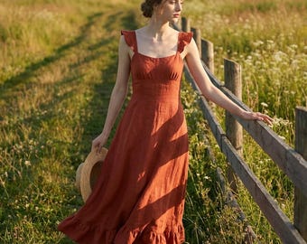 White Linen Midi Dress, Square Neck Tie Strap Summer Dress