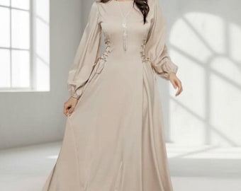 Elegant Brown Long Sleeve Satin Gown, Deep V Neck Maxi Dress, Formal Evening Dress, Wedding Guest Dress, Bridesmaid Style