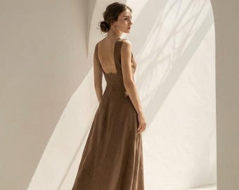 Boho Linen Open Back Maxi Dress With Bow Tie, Square Neck Linen Dress, Handmade Summer Wedding Dress, Elegant Linen Gown