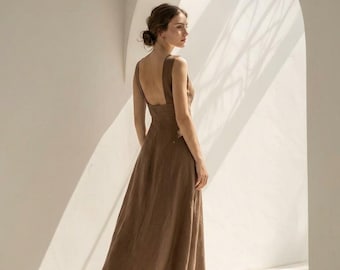 Linen Halter V Neck Bridal Dress, Minimal Midi Wedding Dress, Simple Modern Bride Outfit for Civil Ceremony & Reception