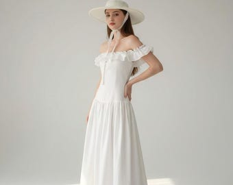 Minimal Black Off Shoulder Linen Maxi Dress, Elegant Ruffle Wedding Dress, Modern Bridal Gown