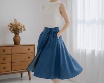 Linen A Line Wrap Skirt With Ties, Midi Skirt, Minimalist Linen Clothing For Women, Casual Elegant Style