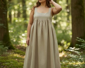 Sleeveless Linen Midi Dress, Plus Size Outfit With High Low Hem, Relaxed Ethical Minimalist Clothing For Everyday Or Events