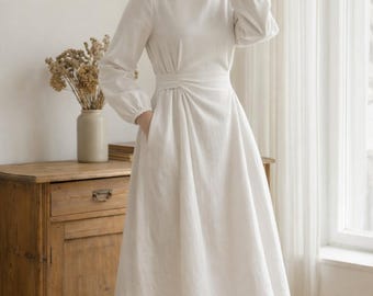 Elegant Linen Maxi Dress with Puff Sleeves and Drawstring Waist, Soft and Feminine Style
