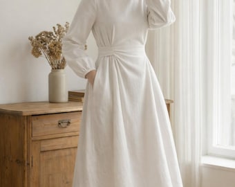 Linen Wrap Midi Dress, Short Sleeve V Neck, Minimalist Style
