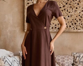 Midi Linen Wrap Dress, Puff Sleeve V Neck Dress, Elegant Summer Linen Dress, Comfortable and Feminine Casual Dress for Weddings & Events