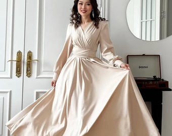 Elegant Long Sleeve Satin Gown, Modest A Line Formal Dress, Bridesmaid Dress, Wedding Guest Maxi Dress