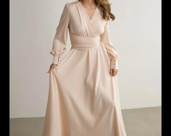 Elegant Champagne Satin Maxi Dress, Long Flare Sleeve Formal Gown, Evening Wedding Guest Dress