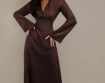 Long Sleeves Silk Dress, Mock Neck Party Dress, Formal Wedding Guest Dress, A Line Satin Gown, Champagne Bridesmaid Dress