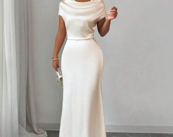 Elegant Midi Satin Dress with Bow Shoulder, Minimalist Bridal Reception Dress, Wedding Guest Outfit, Simple Modest Satin Gown