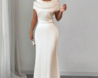 One Shoulder Silk Satin Midi Dress With Bow, Modern Bridal Reception Dress For Engagement Or Civil Wedding