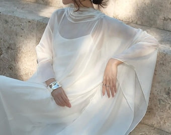 Modern Sheer Wedding Dress with High Neck and Long Sleeves, Minimalist Chiffon Bridal Gown, Contemporary Bridal Style