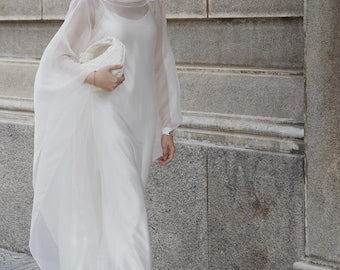 Modern Sheer Wedding Dress with High Neck and Long Sleeves, Minimalist Chiffon Bridal Gown, Contemporary Bridal Style