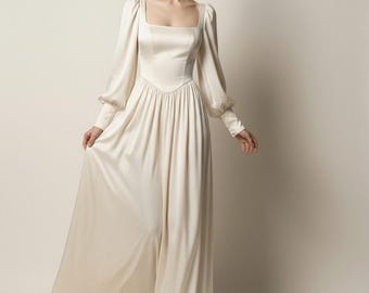 Ivory Satin Slip Wedding Dress with Sheer Cape, Minimalist Bridal Gown, Elegant Modern Wedding Dress