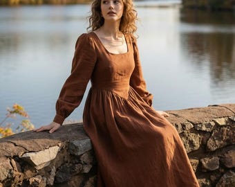 Classic Linen Dress with Long Sleeves, V neck and Pockets Dress, Perfect Maxi Dress for Everyday Wear