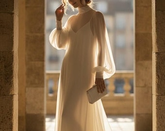 Modern Sheer Wedding Dress with High Neck and Long Sleeves, Minimalist Chiffon Bridal Gown, Contemporary Bridal Style